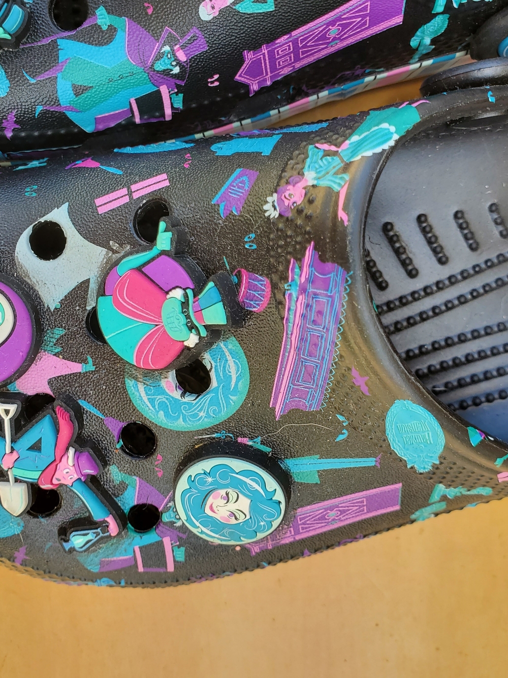 CROCS Disney Haunted Mansion Black Clog Sandals with Teal & Purple Cartoon Print - Picture 8 of 9